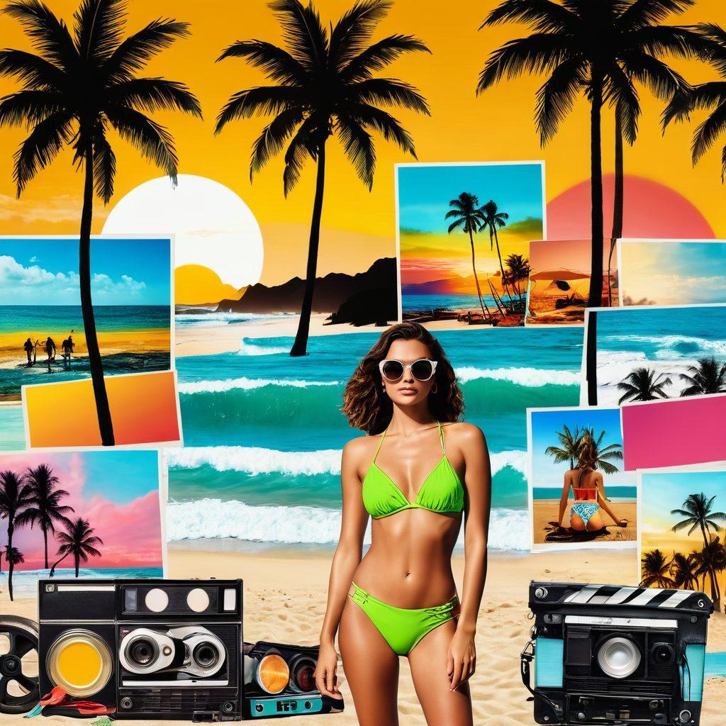 A vibrant collage featuring a sun-soaked Brazilian beach with colorful bikinis on display, juxtaposed with cinematic elements like film reels and a vintage movie screen. Include playful waves and palm trees in the background, symbolizing leisure and entertainment. The overall mood should be alluring and captivating, highlighting the connection between fashion and film. tropical, beach vibes, cinematic style. vibrant colors.
